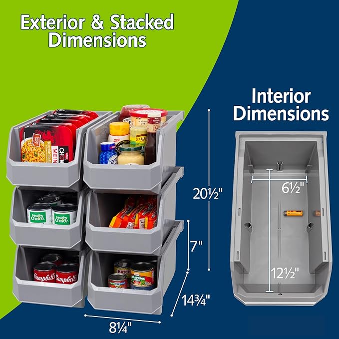 ReadySpace Plastic Containers for Organizing and Storage Bins for Closet, Kitchen, Office, Garage or Pantry Organization, Stackable Bins, Large (14.8" x 8" x 7"), 6-Pack, Grey