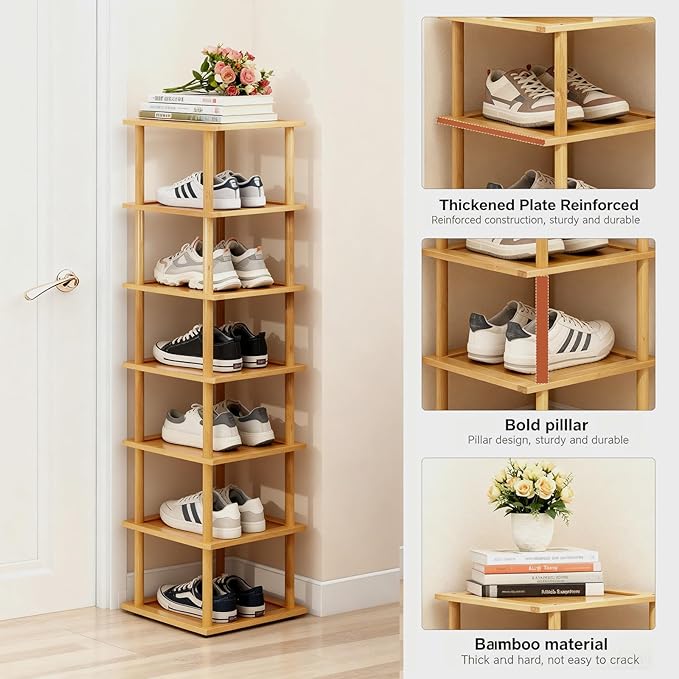 Aniston 7 Tier Bamboo Shoe Rack, Free Standing Slim Narrow Shoe Storage, Vertical Tall Shoe Shelf Organiser for Garage, Closet, Doorway, Corner, Living Room Small Spaces (7 Tier)