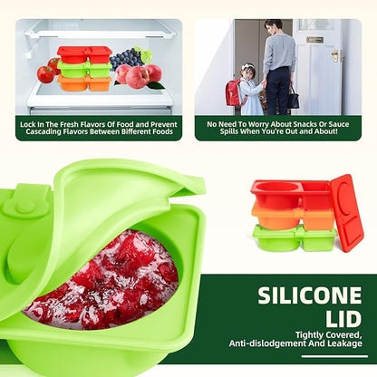 3 Pack Silicone Snackle Containers with Lids, Reusable 2 Compartment Snack Box Containers Salad Dressing Sauce Seasoning Container, Small Mini Food Snack Boxs for Travel, Office, Picnic