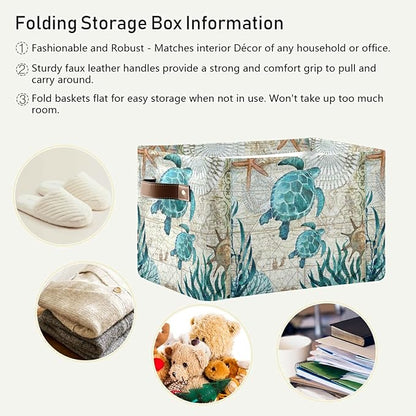 Bolaz Large Storage Basket Vintage Ocean Sea Turtle Starfish Map Foldable Storage Box Organizer Bins with Handles for Bedroom Home Office