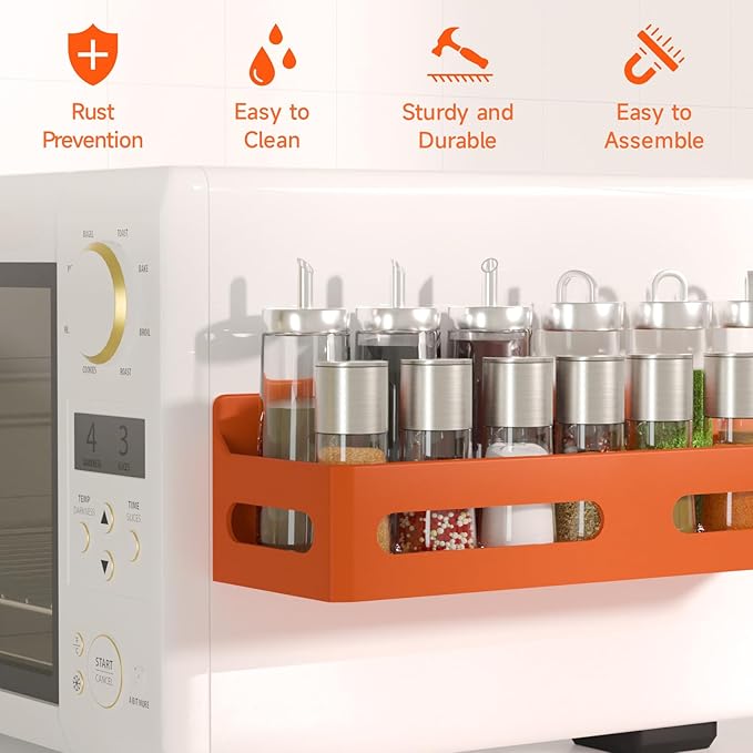 Sevenblue 4 Pack Strong Magnetic Spice Rack for Refrigerator, Multipurpose Magnetic Shelf for Fridge with 4 Hooks for kitchen and Bathroom Organization, Orange