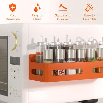 Sevenblue 4 Pack Strong Magnetic Spice Rack for Refrigerator, Multipurpose Magnetic Shelf for Fridge with 4 Hooks for kitchen and Bathroom Organization, Orange