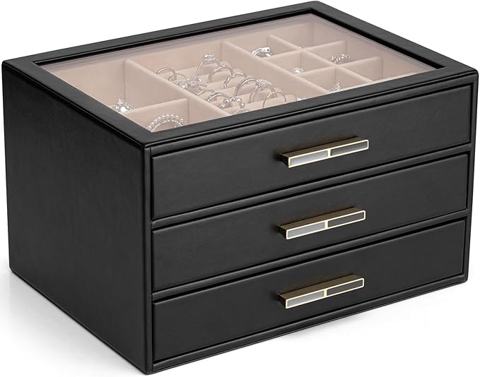 VLANDO Jewelry Box for Women, Glass Lid Jewelry Organizer with 3 Drawers for Necklaces Rings Earrings Bracelets - Black