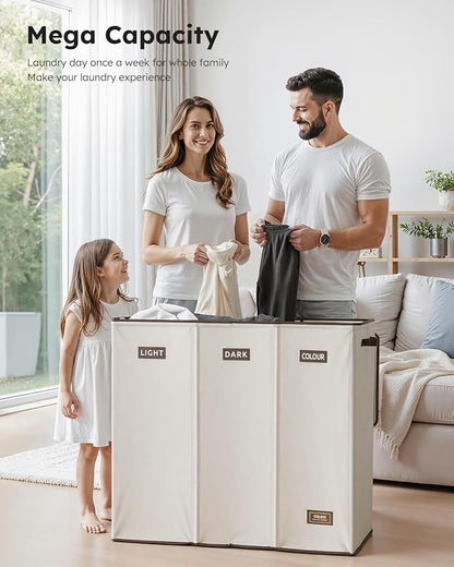 SOLEDI 200L 3-Section Laundry Hamper with Lid, Extra Large Dirty Clothes Basket with Sturdy Handles for Laundry Room & Bedroom - Durable Organizer for Sorting Laundry