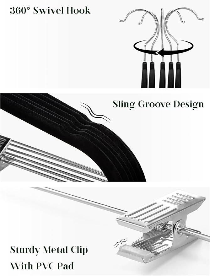 Cozymood Velvet Pant Hangers 36 Packs Ultra Thin Hangers with Clips Non Slip Velvet Skirt Hanger Space Saving Clothes Hanger with Clips for Pants, Skirts, Jeans, Shorts (Black)