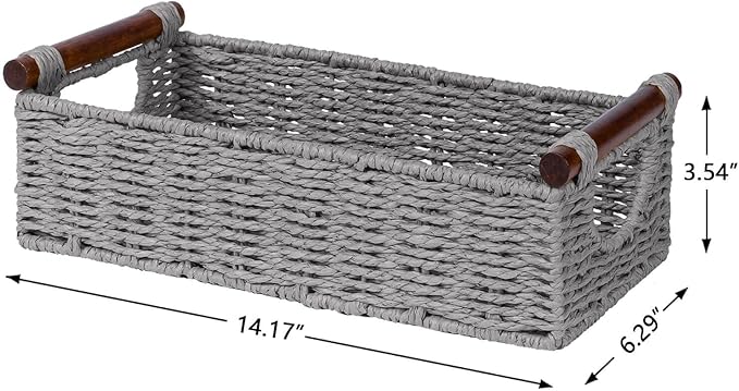 CubesLand Wicker Toilet Storage Basket Tray Organizer W/Cut Out Handle, Slim Decorative Basket for Countertop, Shelves And for Versatile Home Decor, Living Room, Nursery Organization, Grey