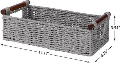 CubesLand Wicker Toilet Storage Basket Tray Organizer W/Cut Out Handle, Slim Decorative Basket for Countertop, Shelves And for Versatile Home Decor, Living Room, Nursery Organization, Grey