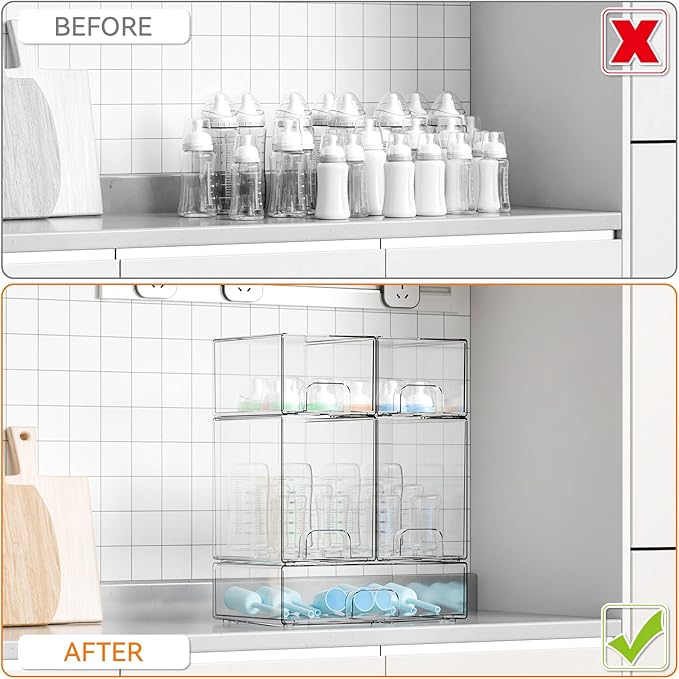 Yieach 5 Set Clear Stackable Storage Drawers and Acrylic Drawer Organizer,BPA Free Baby Bottle Organizer for Countertop and Bottle Station Organizer for Breast Pump Parts,Pacifier and Baby Accessories