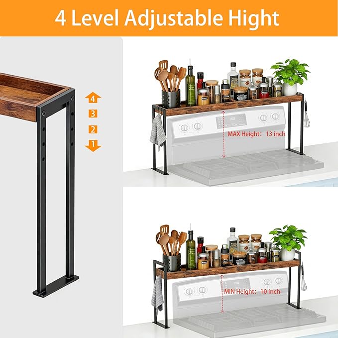 Spice Rack Shelf for Kitchen Stove, Over the Stove Shelf with 4 Level Adjustable Height, Over Stove Spice Rack with 4 Hooks, Rustic Brown + Black