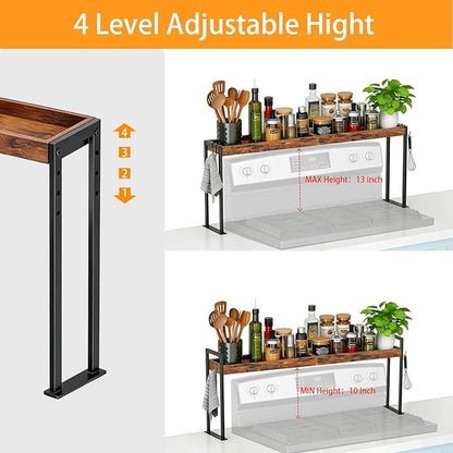 Spice Rack Shelf for Kitchen Stove, Over the Stove Shelf with 4 Level Adjustable Height, Over Stove Spice Rack with 4 Hooks, Rustic Brown + Black