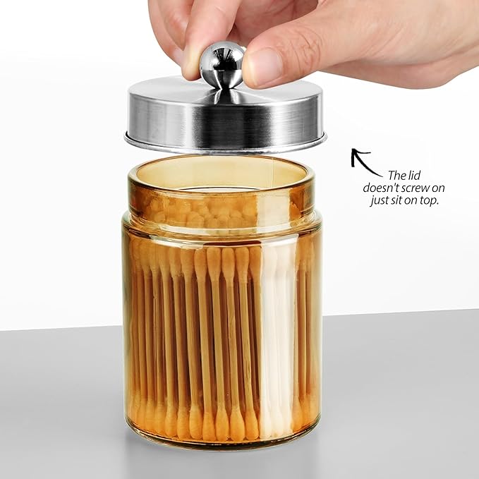 3 Pack Apothecary Jar Canisters Bathroom Vanity Organizer - Qtip Holder Storage Organizer Set Countertop Canister with Stainless Steel Lids &Cute Stickers for Qtips,Cotton Swabs,Makeup Sponges,Floss