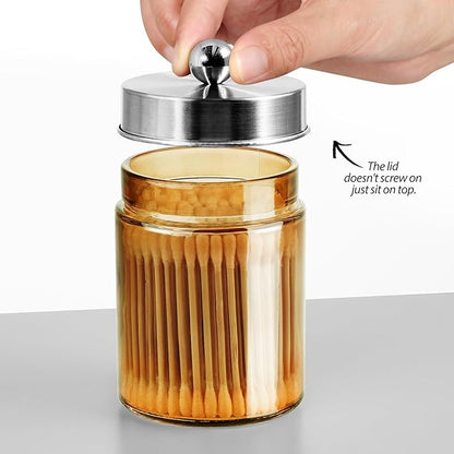 3 Pack Apothecary Jar Canisters Bathroom Vanity Organizer - Qtip Holder Storage Organizer Set Countertop Canister with Stainless Steel Lids &Cute Stickers for Qtips,Cotton Swabs,Makeup Sponges,Floss