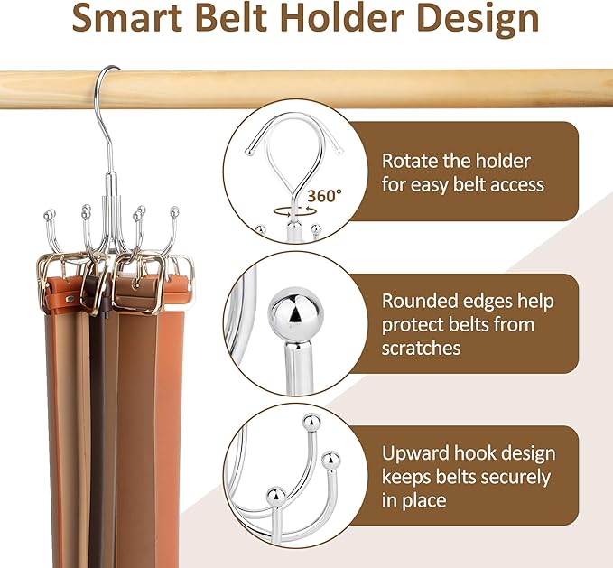 ZEDODIER 4 Pack Belt Organizer for Closet, Heavy-Duty Rotating Belt Hanger Rack Holds Multiple Belts, Hanging Space Saving Metal Belt Holder for Closet Storage, Silver