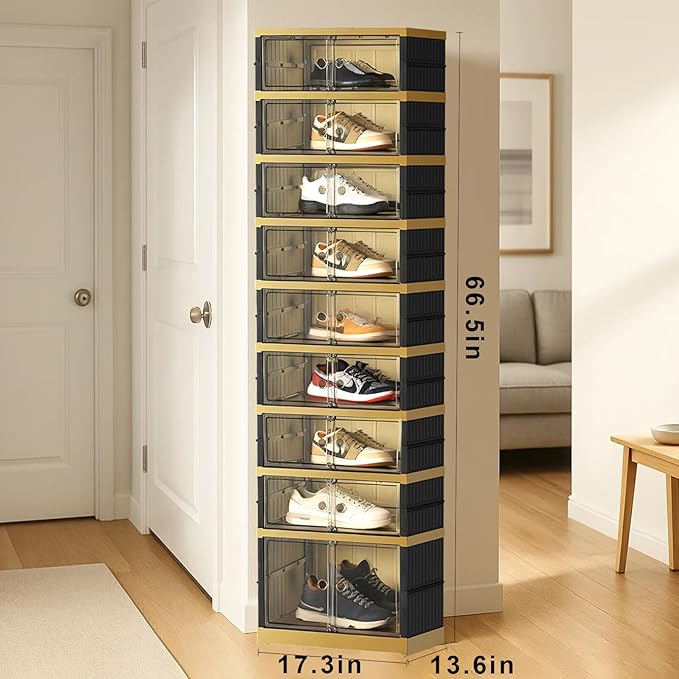 SYNCVIBE Shoe Rack Organizer for Closet Entryway Foldable Sneaker Storage Shoe, Collapsible Shoe Cabinet, Stackable Shoe Storage Cabinet with Lids for Living Room (9 Tiers -18 Pairs Black Gold)