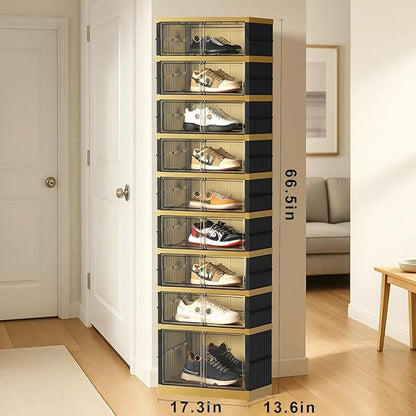 SYNCVIBE Shoe Rack Organizer for Closet Entryway Foldable Sneaker Storage Shoe, Collapsible Shoe Cabinet, Stackable Shoe Storage Cabinet with Lids for Living Room (9 Tiers -18 Pairs Black Gold)