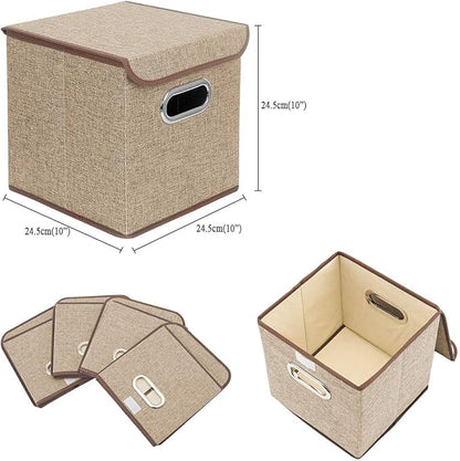 Storage Bin [Set of 4] Linen Fabric Foldable Container with Lid, Collapsible Organizer Boxes Cubes – 10 x 10 x 10 Inches (Beige)