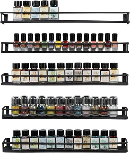 MyGift 16 Inch Wall Mounted Black Metal Nail Polish and Essential Oil Display Shelves, Kitchen Hanging Racks for Seasoning Shakers or Spice Jars, Set of 5