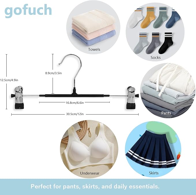 Pants Hangers with Clips - 20 Pack Heavy Duty, Non-Slip Adjustable Space Saving Skirt Hangers for Pants, Jeans, Shorts | Black | 12 Inch
