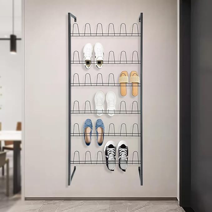 Wall Mounted Metal Shoe Rack Organizer, 6-Tier Iron Hanging Shoe Storage, Shoe Shelf Holds 18 Pairs of Shoes, Shoe Storage Rack for Entryway, Bedroom, Closet, Garage (Black, 6-Tier)
