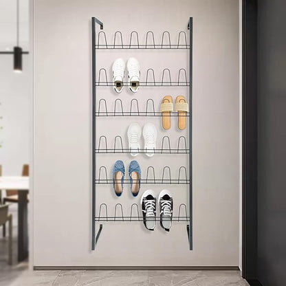 Wall Mounted Metal Shoe Rack Organizer, 6-Tier Iron Hanging Shoe Storage, Shoe Shelf Holds 18 Pairs of Shoes, Shoe Storage Rack for Entryway, Bedroom, Closet, Garage (Black, 6-Tier)