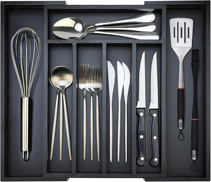 Bamboo Kitchen Drawer Organizer Tray Black Expandable Spoon Silverware Organizer Large Utensil Holder Drawers Divider Adjustable Cutlery Flatware Organizers for Drawer Wood Utensil Silverware Tray