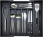 Bamboo Kitchen Drawer Organizer Tray Black Expandable Spoon Silverware Organizer Large Utensil Holder Drawers Divider Adjustable Cutlery Flatware Organizers for Drawer Wood Utensil Silverware Tray