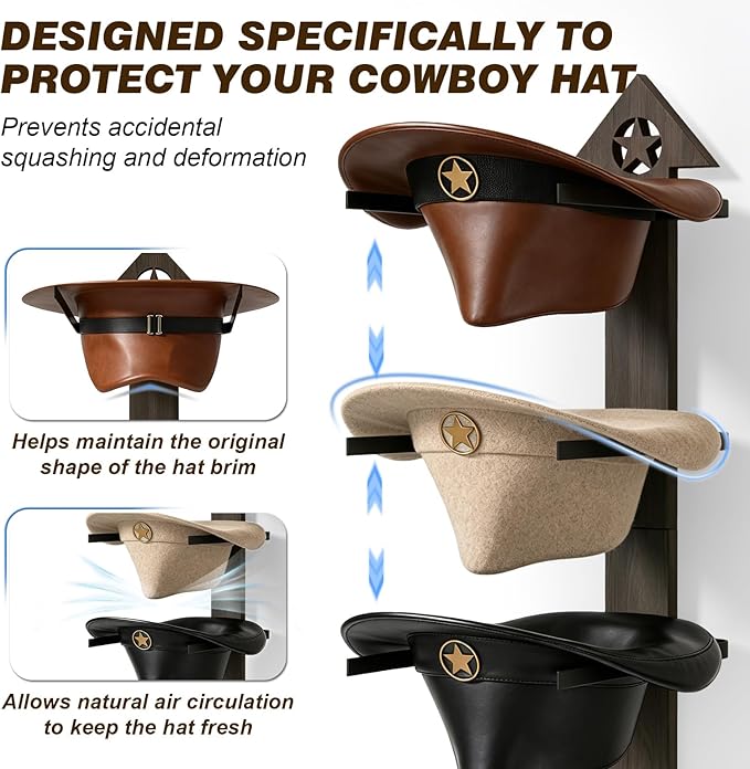 2 Pack Cowboy Hat Rack for Wall – Rustic Cowboy Hat Holder with Arrow Design and 4-Tier Hat Hooks Western Decor Hat Storage– Vintage Cowboy Hanger for Wall