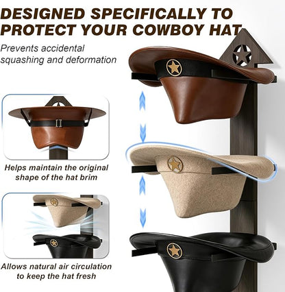 2 Pack Cowboy Hat Rack for Wall – Rustic Cowboy Hat Holder with Arrow Design and 4-Tier Hat Hooks Western Decor Hat Storage– Vintage Cowboy Hanger for Wall