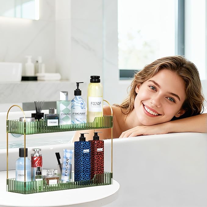 GTI Narrow Bathroom Organizers and Storage, 2 Tier Rectangle Makeup Counter Organizer, Perfume Cosmetics Skincare Vanity Organizers, Dresser Countertop Organizer for Women (Green)