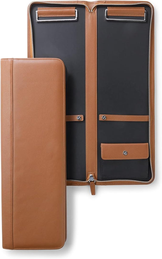 Leatherology Cognac Tie Case – Full Grain Leather Travel Organizer for 2–4 Ties with Nickel Bars, Interior Pocket for Cufflinks & Collar Stays, Slim Design with Zip & Snap Closure