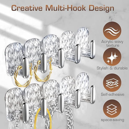 Gesodant 6 Pack Hanging Jewelry Organizer, Self-Adhesive Jewelry Hooks, Clear Wall Mounted Jewelry Hanger, Necklace Display Holder, 30 Hooks in Total