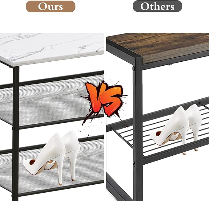 Garden 4 you Shoe Rack for Entryway 3 Tiers 11.8" D x 25" W x 20" H, Metal Shoe Rocks with White Wooden Tabletop, Angled Shoes Rack with Adjustable Mesh Shelves for Entryway Hallway Closet
