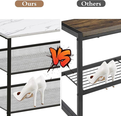 Garden 4 you Shoe Rack for Entryway 3 Tiers 11.8" D x 25" W x 20" H, Metal Shoe Rocks with White Wooden Tabletop, Angled Shoes Rack with Adjustable Mesh Shelves for Entryway Hallway Closet
