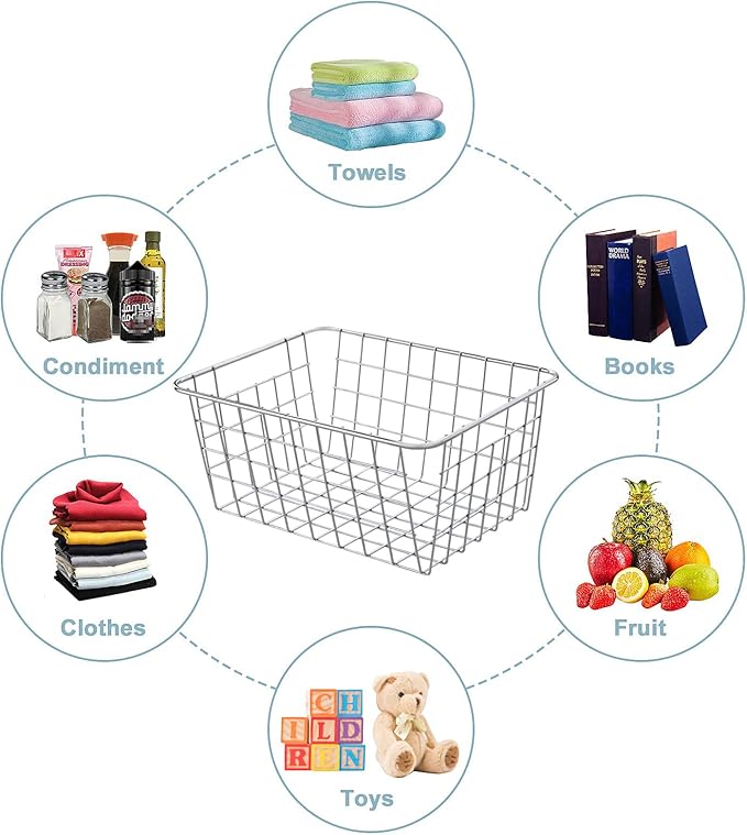 JUNCHU CHERRY Wire Kitchen Storage Basket 5 Packs,Perfect Pantry Organization Accessories Baskets,Laundry Basket,Countertop Organization,Suitable for Kitchen,bathroom,bedroom,Tabletop,Stackable,Chrome