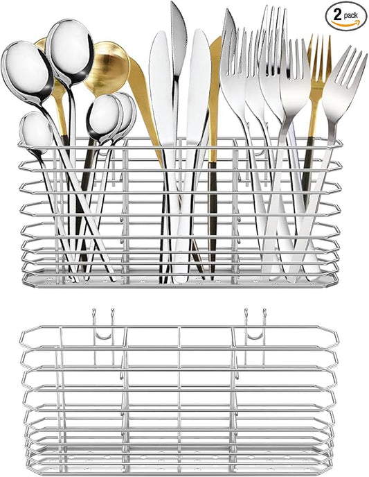 2Pcs Stainless Steel Cutlery Hanging Basket for Knife Fork Spoon,Quick Drying Compartmental Utensil Drainage Rack,Rustproof Hollow Out Utensil Drying Basket for Kitchen