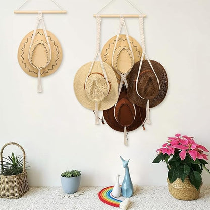 ZYP Macrame Hat Hanger Boho Hat Rack for Wall Hat Holder Display Organizer Bobo Hanging Hat Organizer Storage for Wide Brim Hats