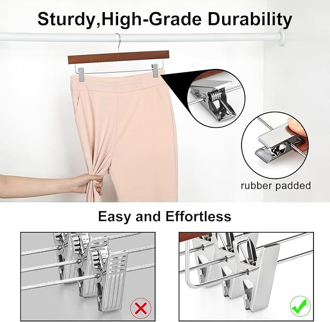 TOPIA HANGER Walnut Wood Pants Hangers, Wooden Skirt Short Jeans Trouser Hanger with Smooth Surface 360° Swivel Hook Anti Rust 2 Adjustable Clips, 20 Pack, CT10PWA20