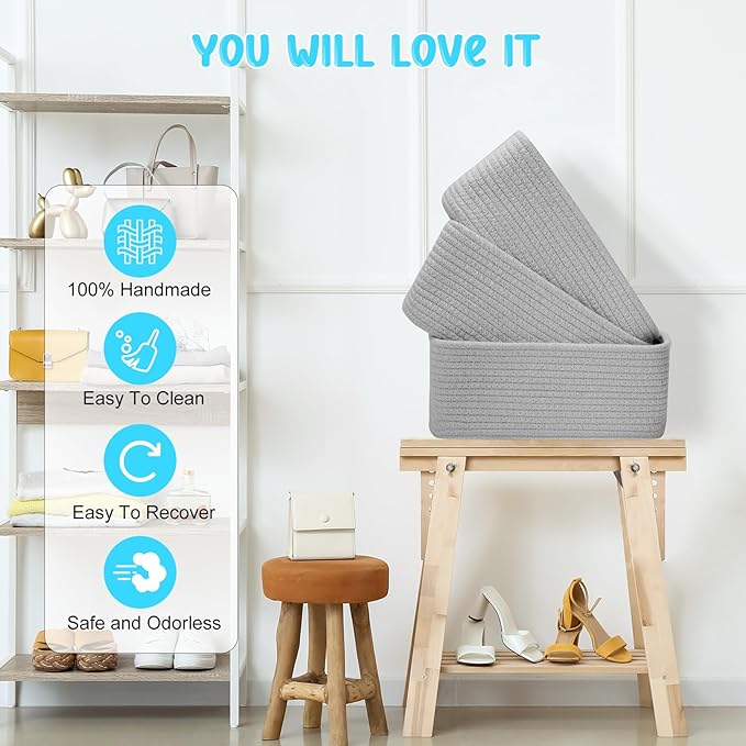 3-Pcs Shelf Baskets for Organizing, Closet Organizer Bins, Small Woven Baskets, Rope Toy Basket, Storage Basket for Shelves, Cube Decorative Box, 11.8×7.8×5.1”, Grey