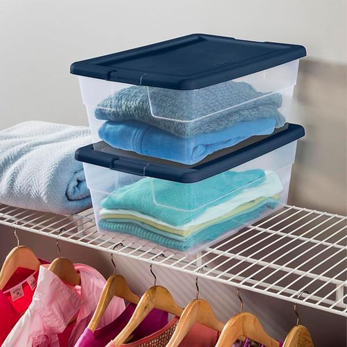 Sterilite 2 Pack Storage Boxes, Clear Plastic Stackable Bins with Lids, 16 Quart, Marine Blue
