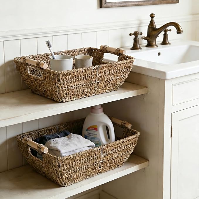 2 Pack Wicker Storage Baskets with Wooden Handles, Large Seagrass Basket for Organizing Shelves, Natural Woven Storage Baskets for Snack, Gift