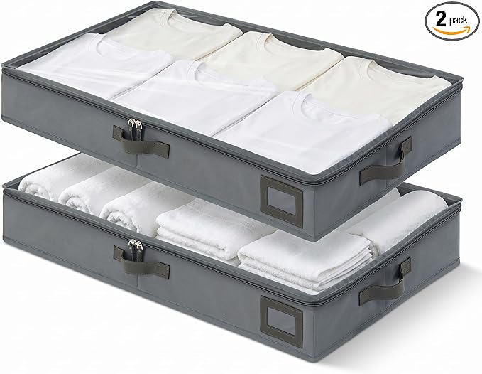 4-Inch Under Bed Storage Containers (2-Pack) | Sturdy Sidewalls | Clear Cover & Label Holder | Foldable Fabric Closet Bin Organizer | Stores Clothing/Blankets/Sweaters/Sheets