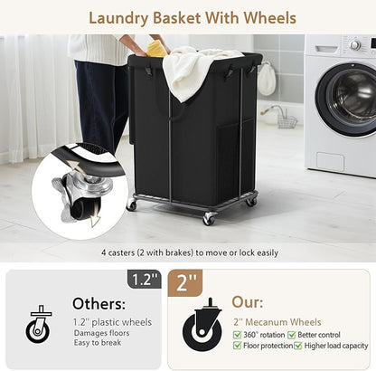 40 Gal Large Laundry Hamper with Lid, Rolling Laundry Basket with Wheels, Oxford Fabric Dirty Clothes Hampers with Removable Laundry Bag & Metal Frame for Bedroom, Laundry Room, Bathroom, Dorm(Black)