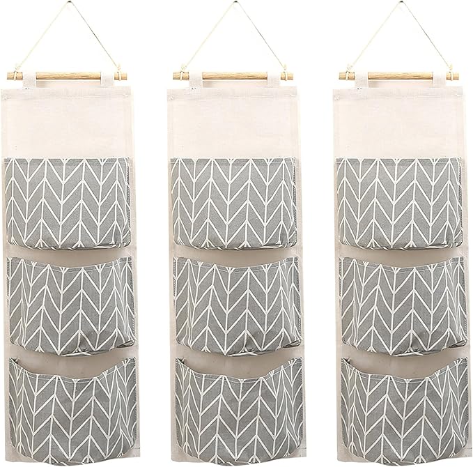 COVRA 3-Pack Wall Hanging Storage Bags – Over-the-Door Organizers with 3 Large Pockets (6.3" × 5.1"), Hanging Closet & Pantry Organizer for Bedroom, Bathroom, Dorm, and More (Gray)