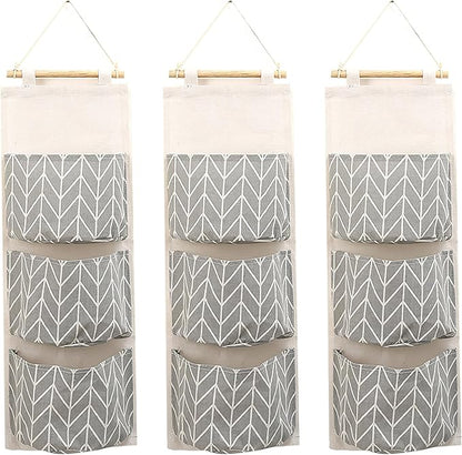 COVRA 3-Pack Wall Hanging Storage Bags – Over-the-Door Organizers with 3 Large Pockets (6.3" × 5.1"), Hanging Closet & Pantry Organizer for Bedroom, Bathroom, Dorm, and More (Gray)