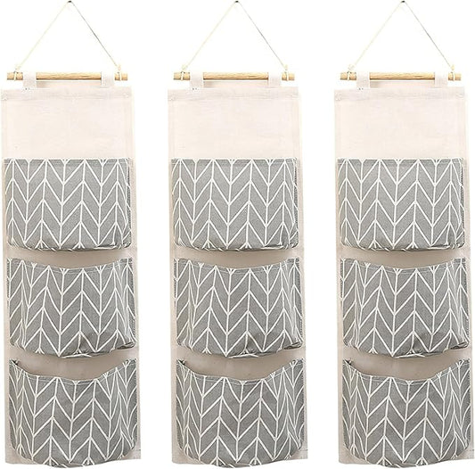 COVRA 3-Pack Wall Hanging Storage Bags – Over-the-Door Organizers with 3 Large Pockets (6.3" × 5.1"), Hanging Closet & Pantry Organizer for Bedroom, Bathroom, Dorm, and More (Gray)