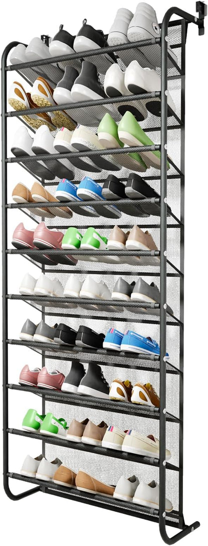 AQQHSAIN 10 Tier Over The Door Shoe Organizer Wall Shoe Shelf Shoe Holder Door Shoe Rack for Closet Pantry Hanging Shoes Clothes Toys Storage Shelves (Black)