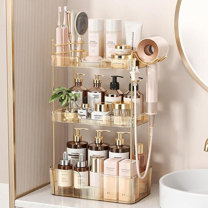 Bathroom Counter Organizer for Vanity, Makeup Organizer Countertop with Holder, Large Capacity Storage Rack, Perfect Large Skincare, Hair Care, Perfume, Easy to Install (Gold, 3Tiers)