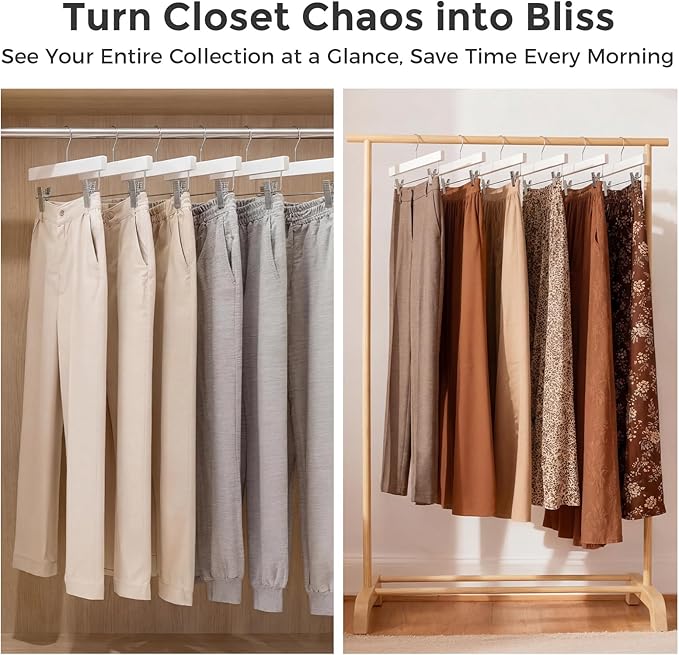 HOUSE DAY Premium Wooden Pants Hangers 25 Pack, Solid Lotus Wood Skirt Hangers with 2-Adjustable Clips, Heavy Duty & Anti Slip Wood Bottom Hanger for Slacks, Jeans, Trousers, Shorts (White)