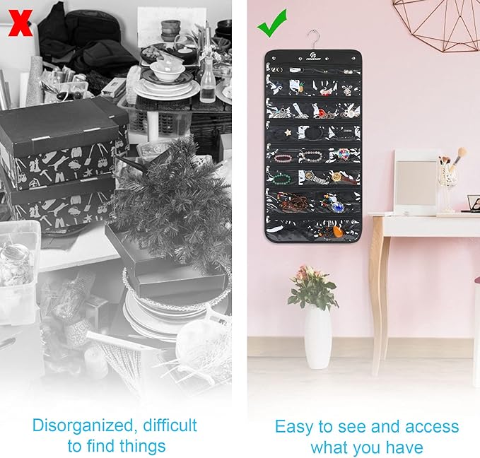 Freegrace Hanging Jewelry Organizer with Secure Zipper Closure - 360° Revolving Hanger, 25 Clear Pockets, 23 Necklace Hooks - Foldable Travel Storage & Closet Display (Black)