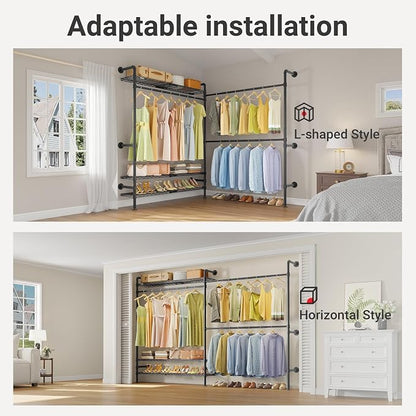 Timate F2 Pro Expandable Wall Mounted Clothes Rack Industrial Pipe Clothing Rack for Hanging Clothes, Heavy Duty Clothes Rack with Shelves, Garment Rack Wall Closet System, Black Pipe Closet Kit